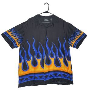 J/E/T STRTWR Mens Shirt Size M Black Orange Blue Flame Fire Short Sleeve Classic